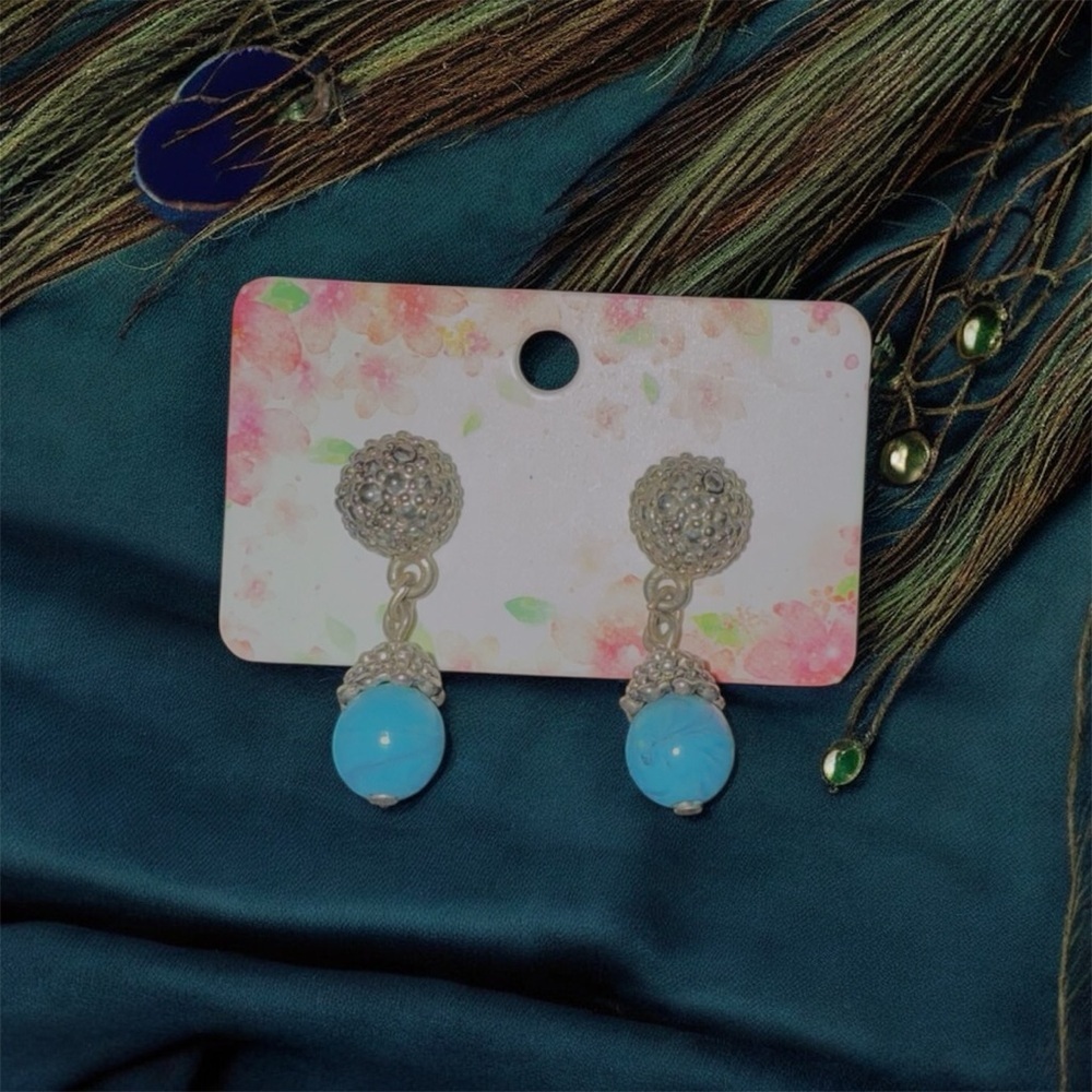 Silver Tone Blue Bead Drop Dangle Earrings